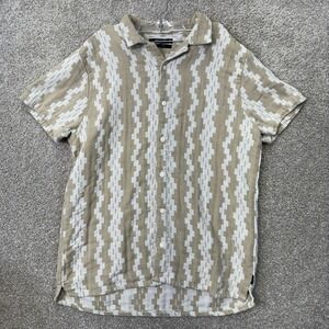 Indicode Button Down Shirt Mens 2XL Tan Geometric Zig Zag Stripe Short Sleeve